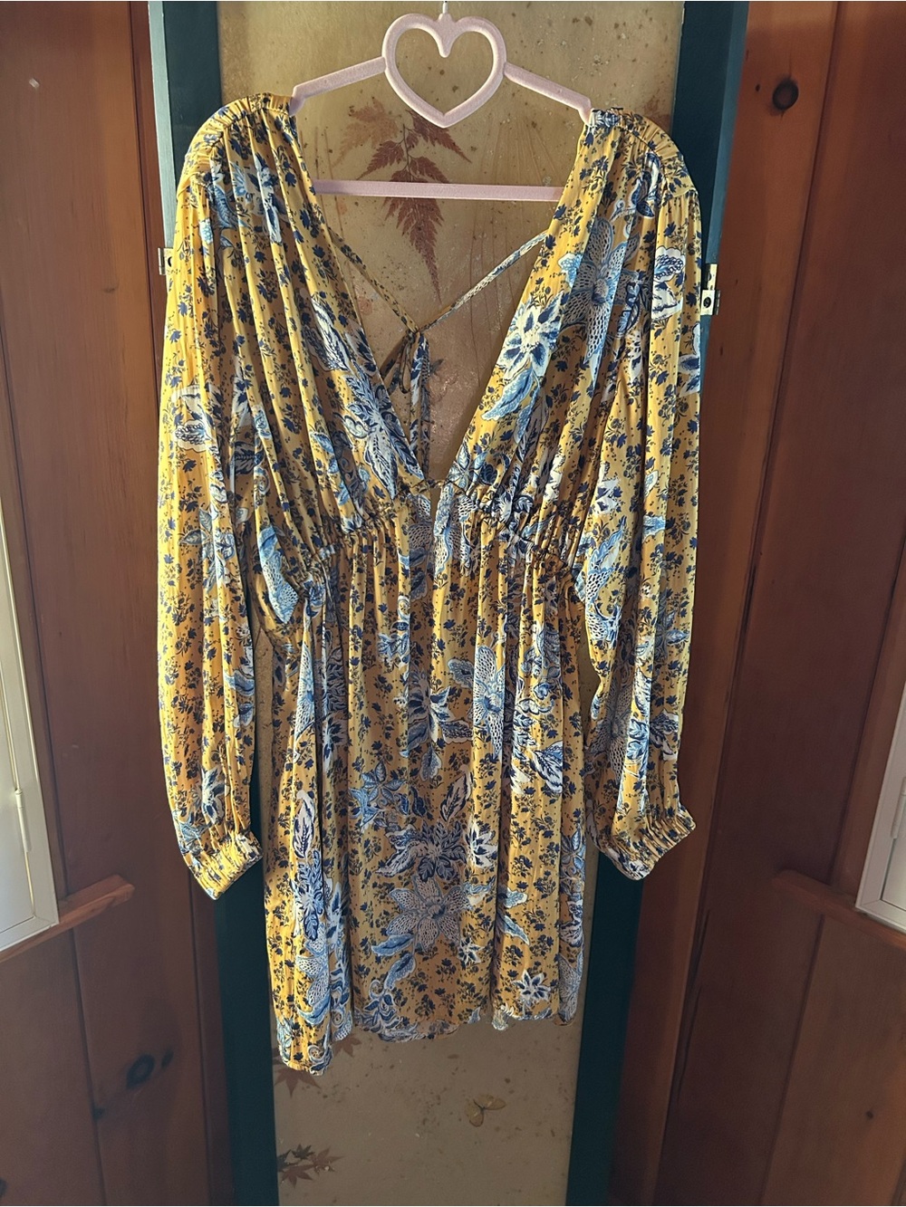 Free People Floral Yellow V-Neck Long Sleeve Dress